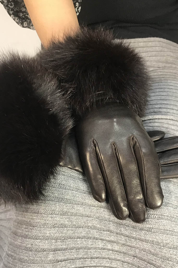 Brown Lambskin Leather 'Gloves With Fur Trim' - Jessimara