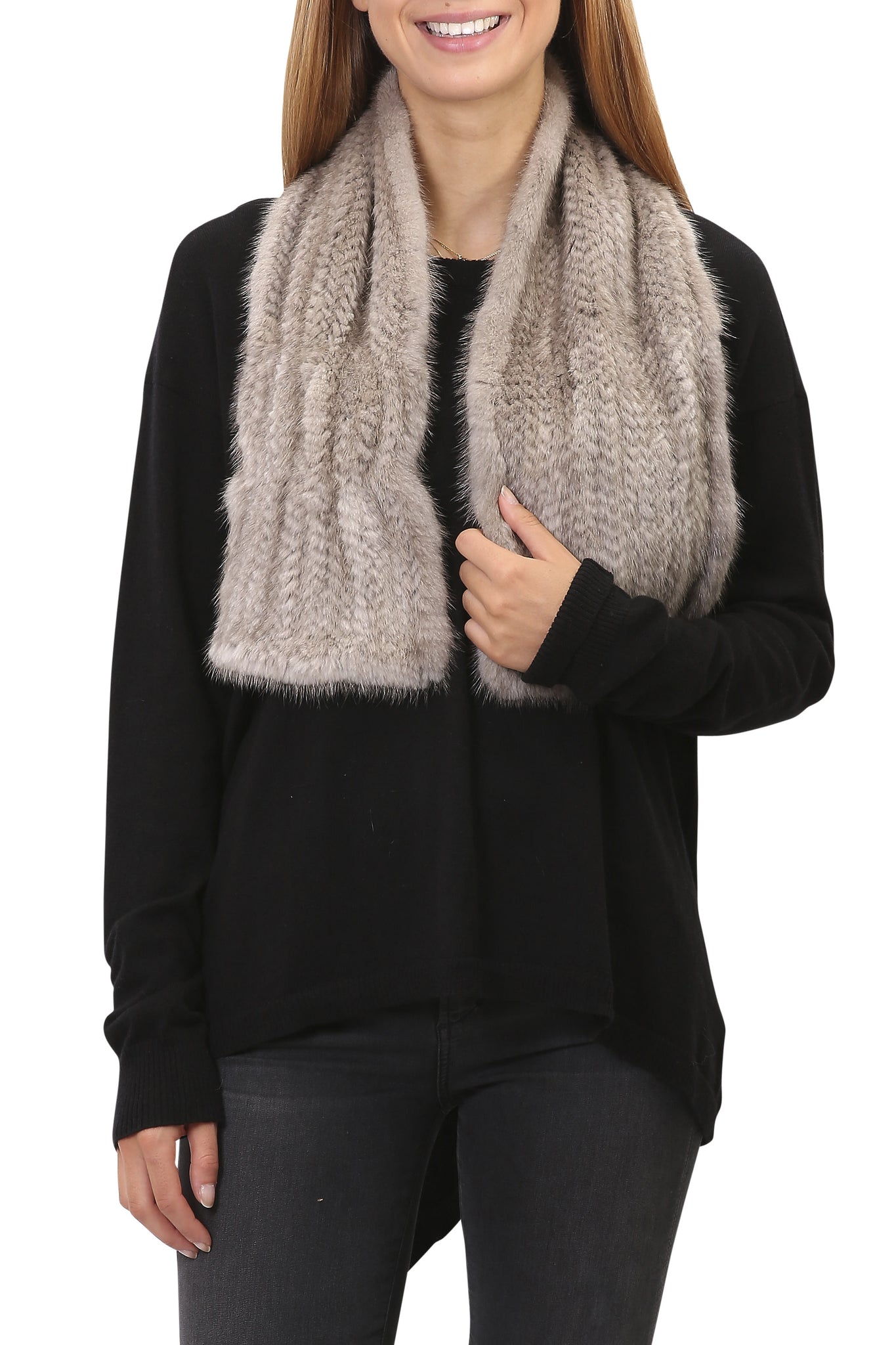 Knitted Grey Slit Mink Luxury Fur Scarf - Jessimara